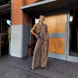 Women Fashion Animal Print Print Vest Straight Pants Suit