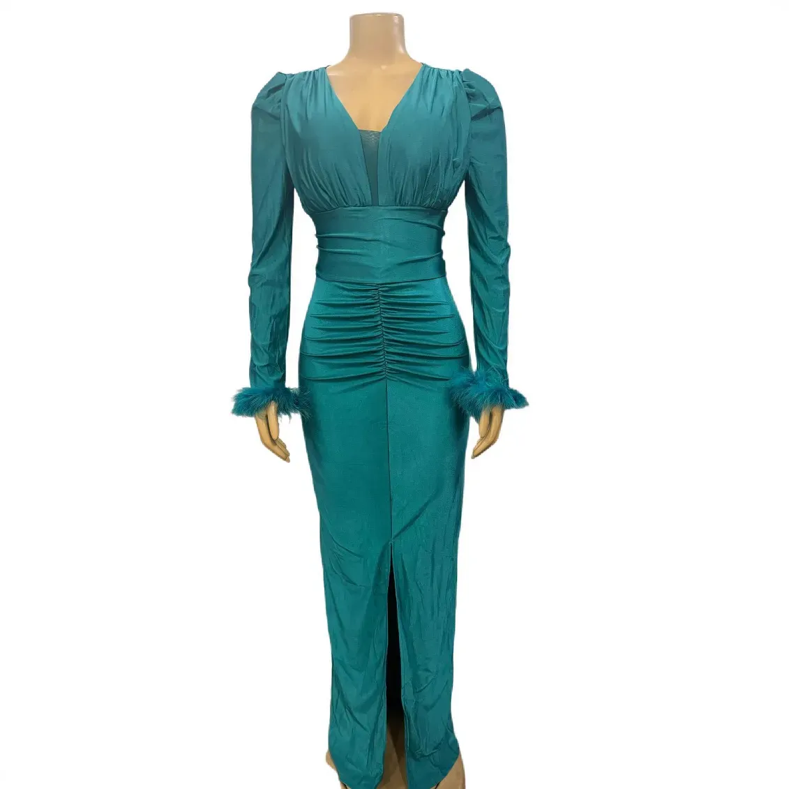 Women Fashion Elegant Pleated Solid Color Plush Long Sleeve Split Dress - Image 3