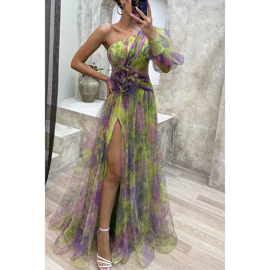 Women Fashion Slant Shoulder Split Mesh Maxi Dress - Image 8