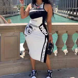 Women Fashion Sexy Digital Printed Sleeveless Side Split Tight Dress