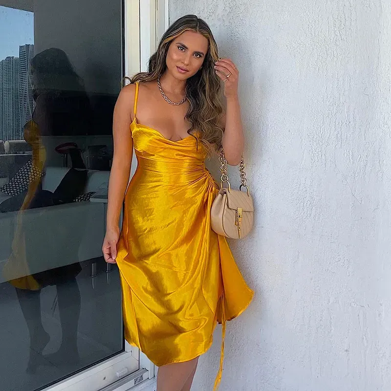 Women Fashion Sexy Solid Color Satin Pleated Spaghetti Strap Split Slim-Fit Dress - Image 6