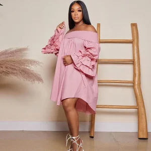Summer Women Sweet Ruffled Off-Shoulder Long Sleeve Loose Dress